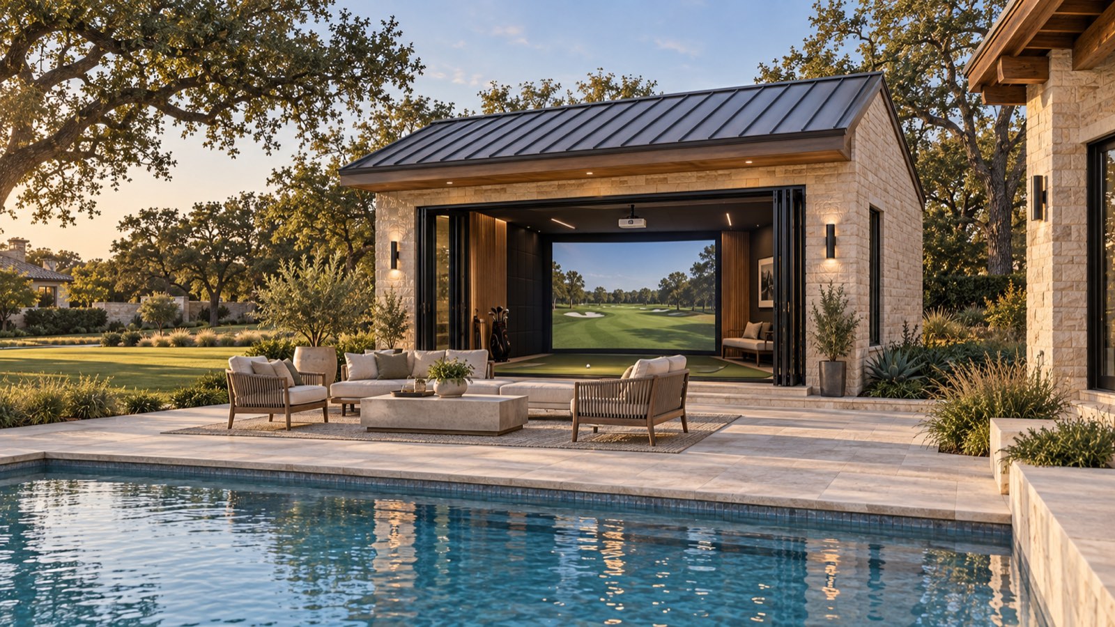 Golf Simulator Studio — a stone pod with folding glass doors open to a golf simulator screen