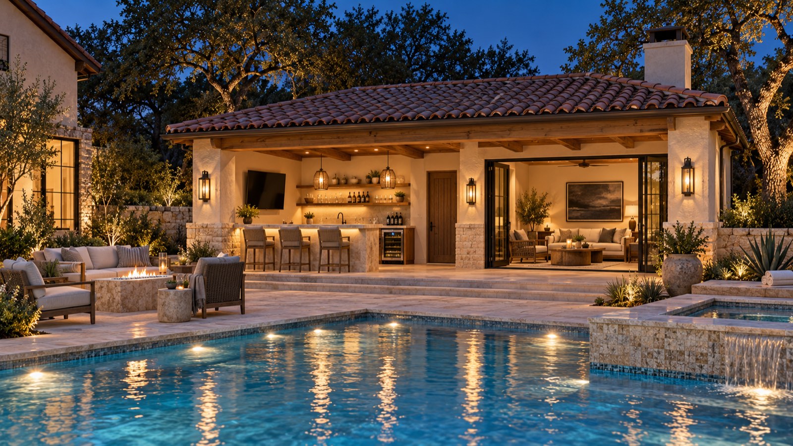 Pool House — a tile-roof pool house with a covered bar and lounge, lit at dusk