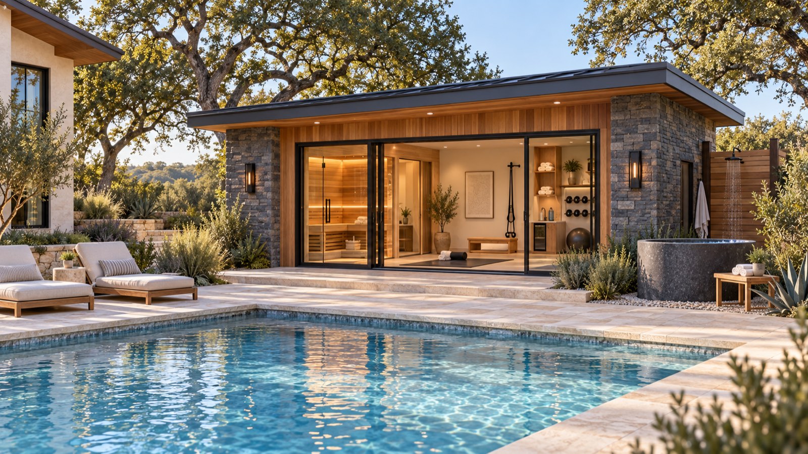 A Pod Custom pool house with a cedar sauna, home gym, cold plunge and outdoor shower beside a pool in an Austin-area backyard