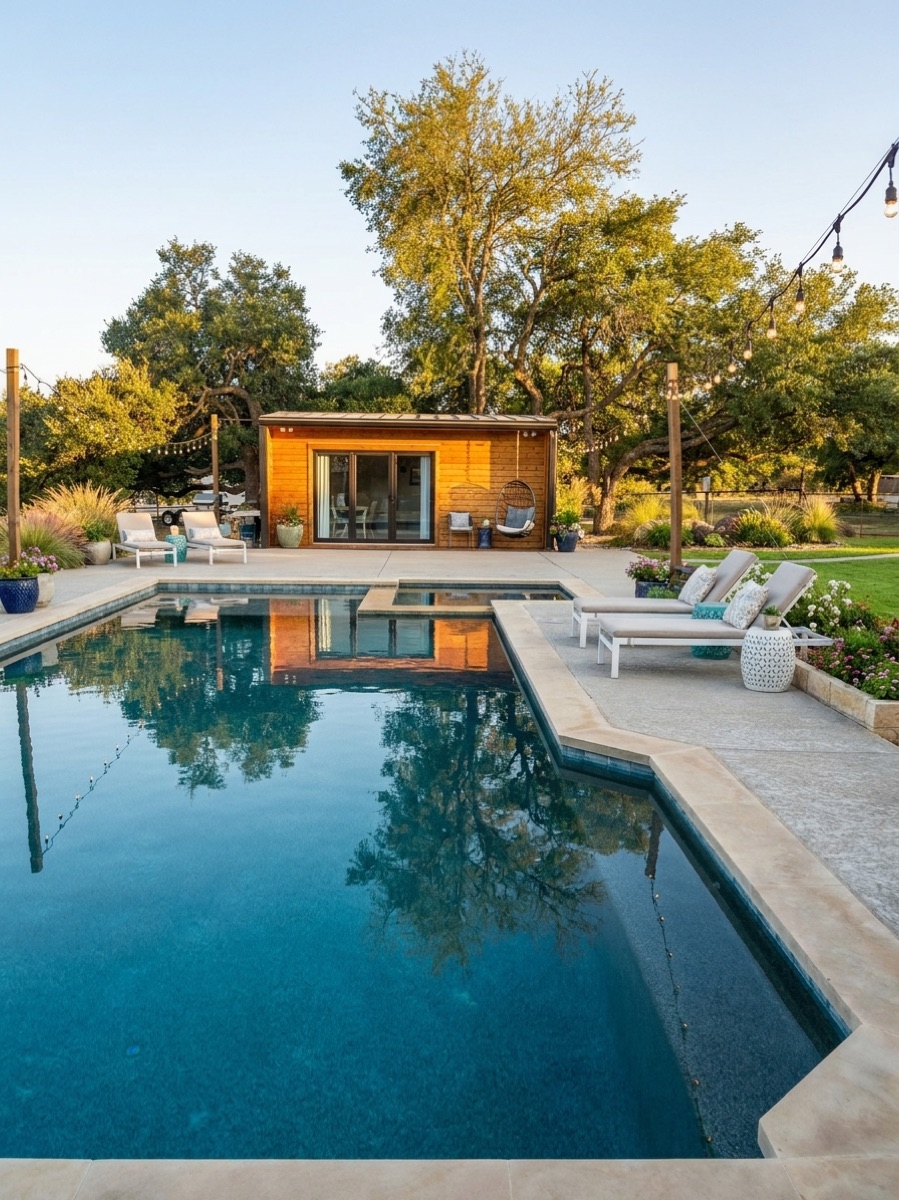 Pool House — a cedar Backyard Pod beside a pool at dusk