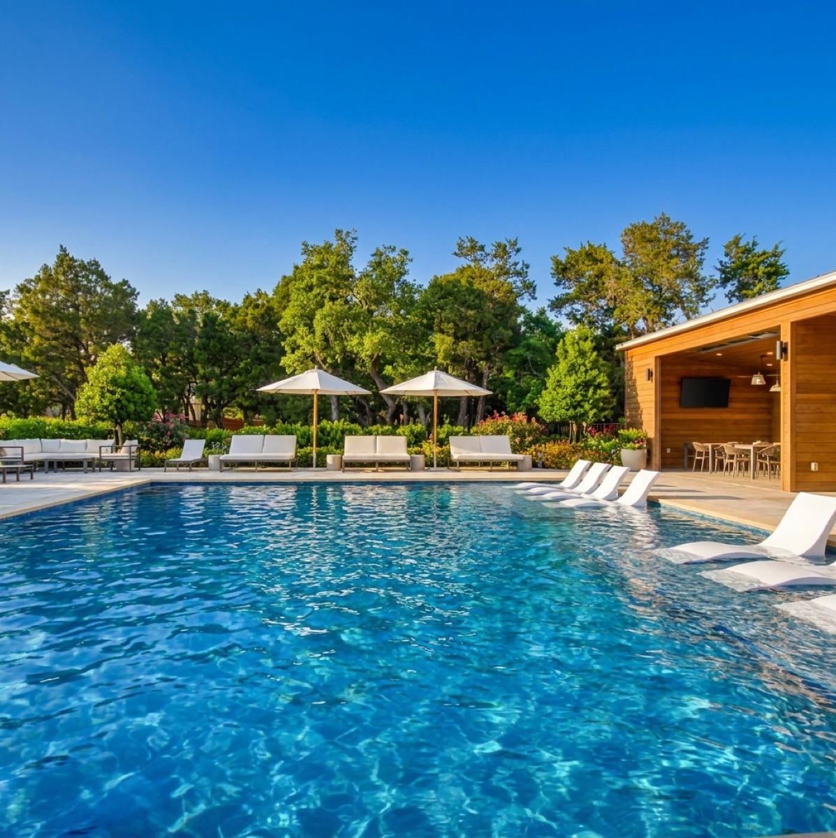 A pool and cedar pool bar built by Backyard Pod at the Cedars Ranch