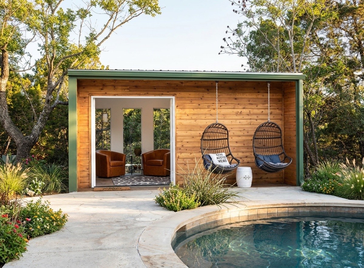 Pod Custom — a cedar pool house beside a pool
